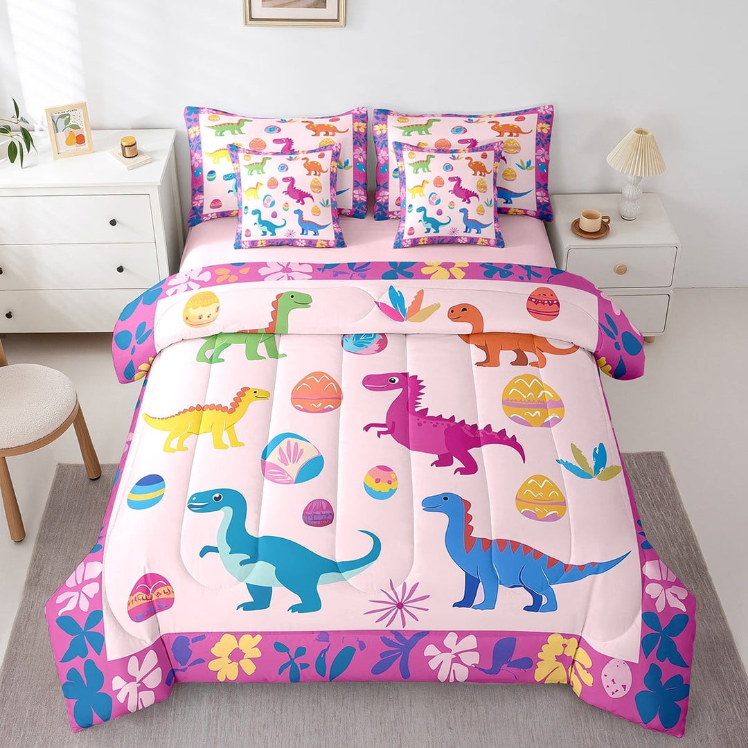 Erosebridal Dinosaur Egg Bedding Sets Queen Size, Colorful Flower Floral Comforter Sets with Sheets, Girly Pink Bedroom Decorative, Reversible 7 Pieces