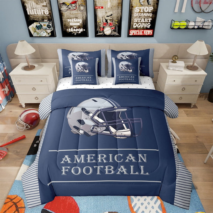 Erosebridal American Football 7 Piece Bedding Set Twin Size Rugby Theme Comforter Set with Sheets Teens Navy Blue Bed in a Bag Sport Helmet Bed Set
