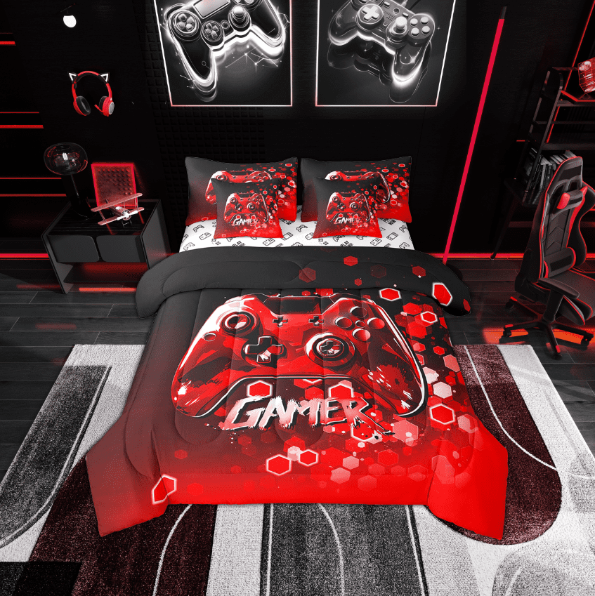 Erosebridal Gamer Gamepads Bedding Sets Twin Size,Video Game Comforter Sets with Sheets,Gradient Honeycomb Bed in a Bag Twin size,Super Cozy Geometric Room Decor,Reversible,7-Piece
