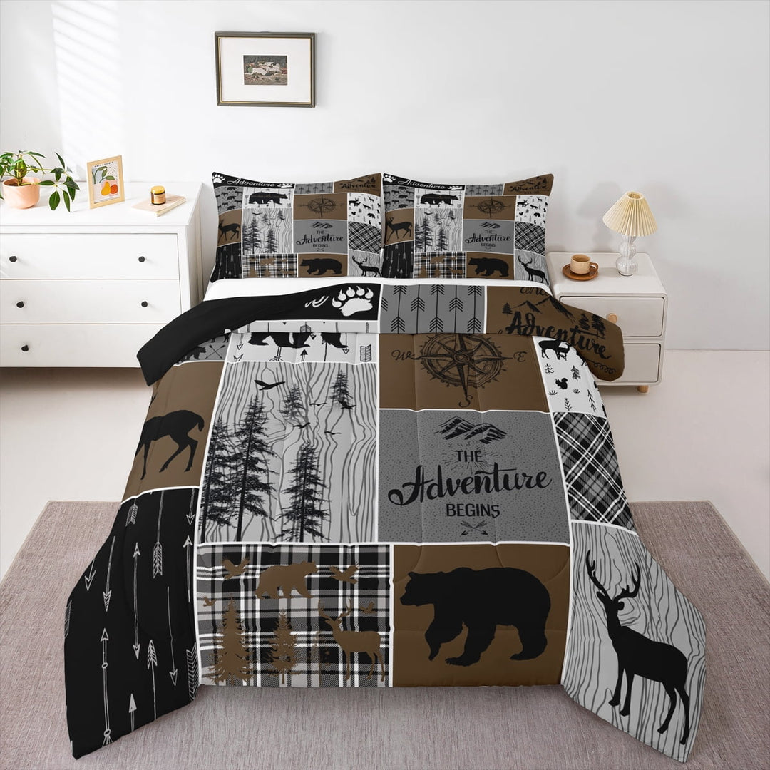 Erosebridal Rustic Patchwork King Comforter Set , Retro Country Farmhouse Quilt Cabin Room Decor, Western Deer Bear Bedding Woodland Wildlife Adventure Camping Duvet Insert, Gray Brown