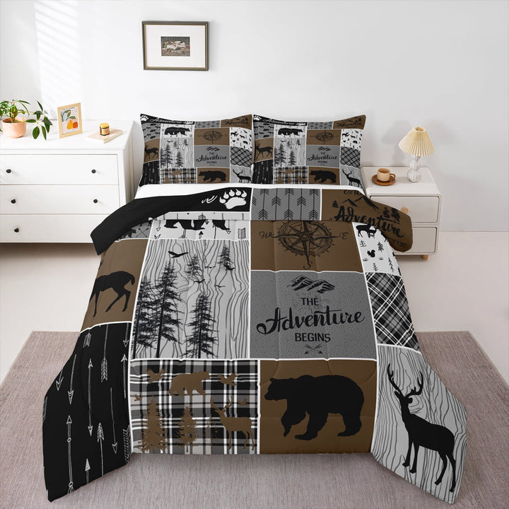 Erosebridal Rustic Patchwork King Comforter Set , Retro Country Farmhouse Quilt Cabin Room Decor, Western Deer Bear Bedding Woodland Wildlife Adventure Camping Duvet Insert, Gray Brown