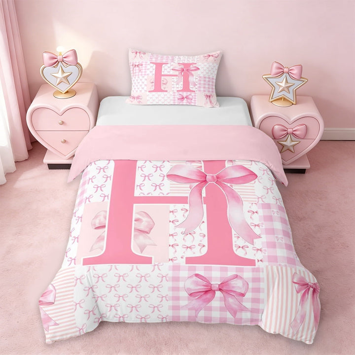 Erosebridal Cartoon Letter H Monogrammed Twin Bedding For Kids,Pink Ribbon Bowtie Duvet Cover Set For Bowknot Girls,Pink Reversible,2pcs(No Comforter)