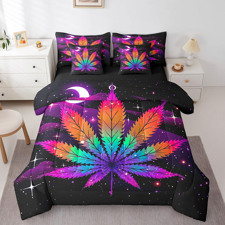 Rainbow Cannabis Leaves 7 Piece Comforter Set Full Bed in a Bag,Marijuana Weed Bedding Sets Bohemian Plant Leaf Sheet Set with Comforter,Purple