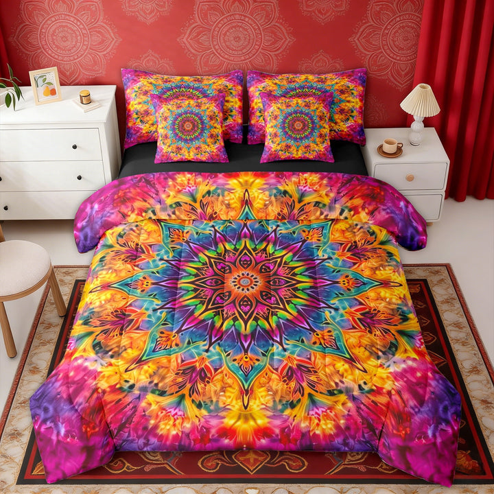 Erosebridal Boho Mandala Bedding Comforter Set, Bohemian Tie Dye Full Bedding Set, Orange Teal, Black Reversible 7-Piece