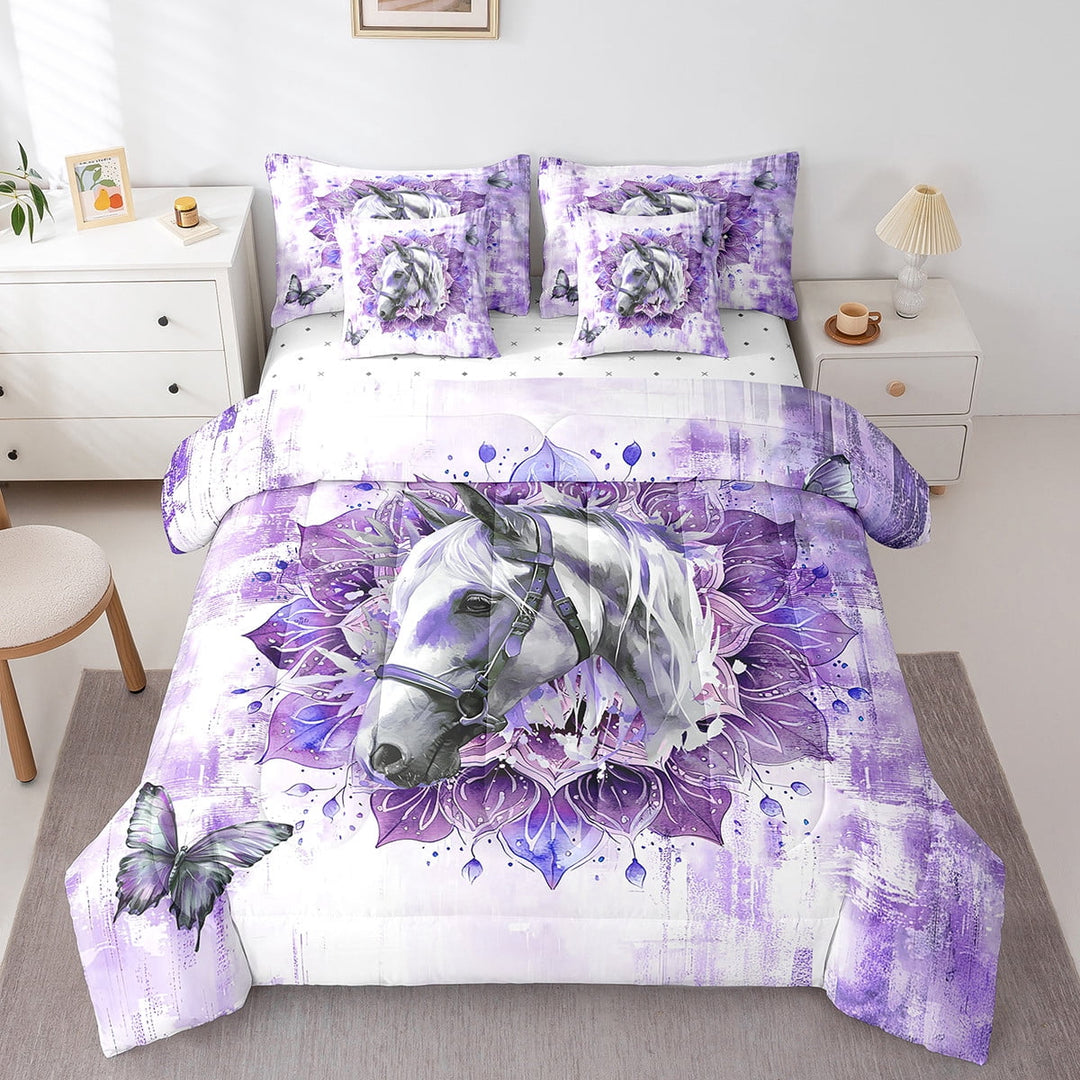 3D Horse Twin Comforter Set 7 Pieces Farmhouse Animal Bedding Comforter Sets,Boho Mandala Bed in a Bag Purple Watercolor Bedding Set,Oil Painting Aesthetic Bed Sheets Set