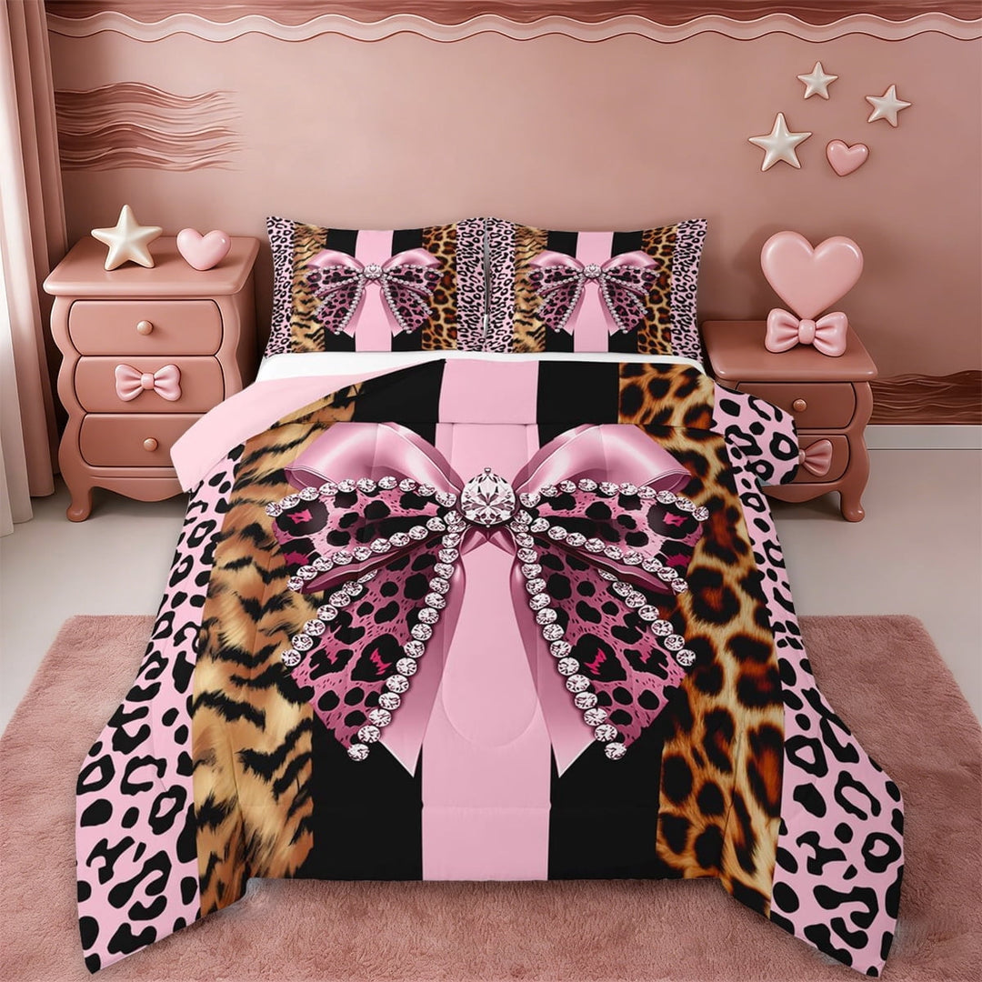 Erosebridal Personalized Leopard Bowknot Full Size Comforter Sets,Pink Cheetah Print Kids Bedding Sets,Reversible pink,3 Pieces