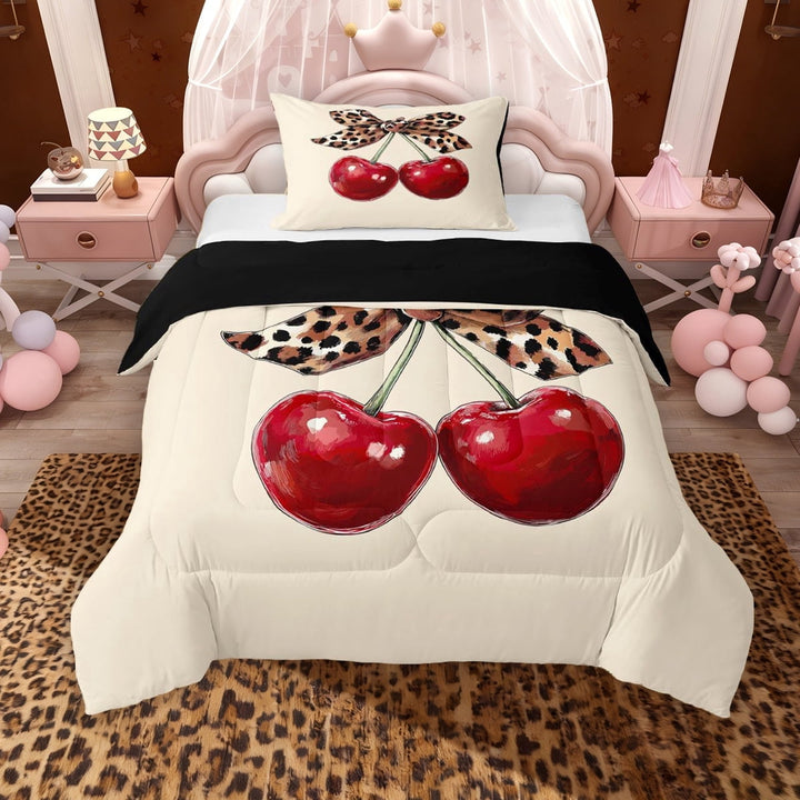 Erosebridal Cute Cherry Twin Comforter Sets for Girls, Leopard Print Bowknot Bedding Set, Black Reversible, 1 Comforter and 1 Pillowcase