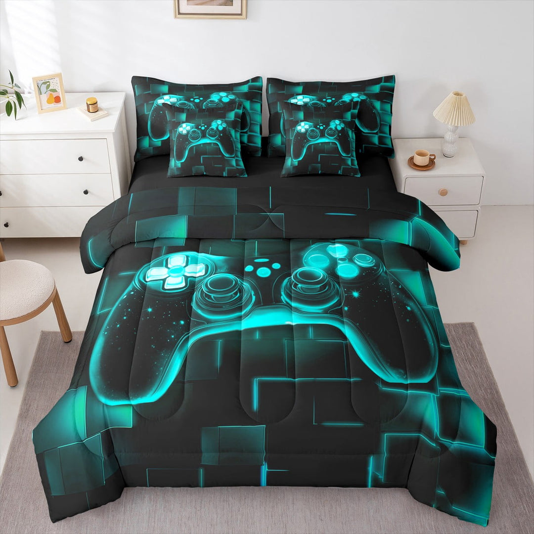 Erosebridal Boys 7Pcs Gamer Comforter Set King,Gaming Bedding Comforter Set,Video Games Gamepad Bed In A Bag Neon Glowing Square Geometric Grid Teal Bed Sets With Comforter And Sheets