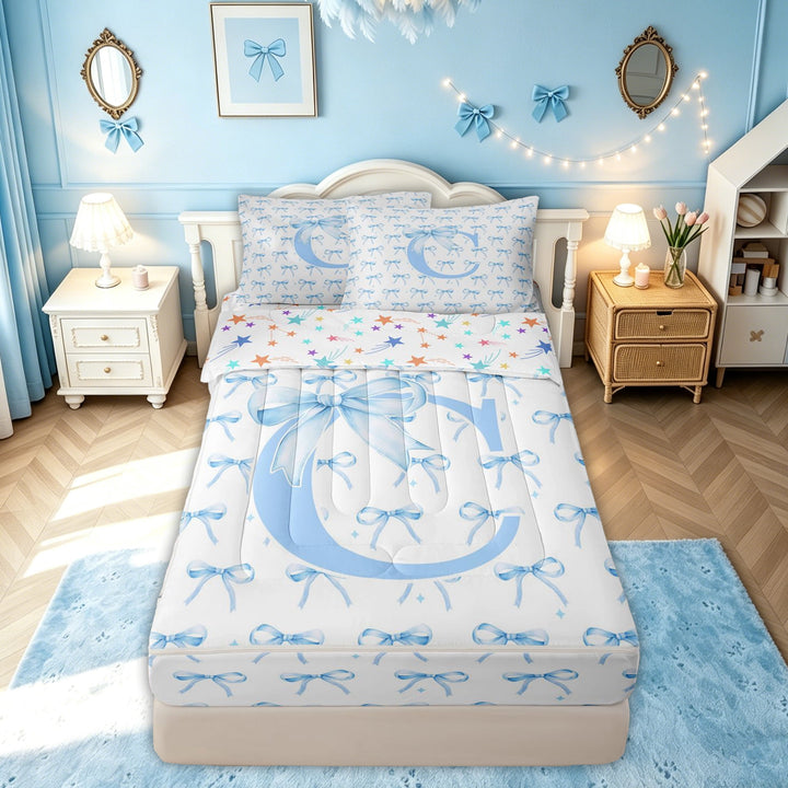 meiyoeat Cartoon Bow Letter C Zipper Comforter Set with Fitted Sheet and 2 Pillowcases for Girls, Ribbon Print Zipper Bedding Set, Blue, Colorful Star Reversible, 3 Pieces
