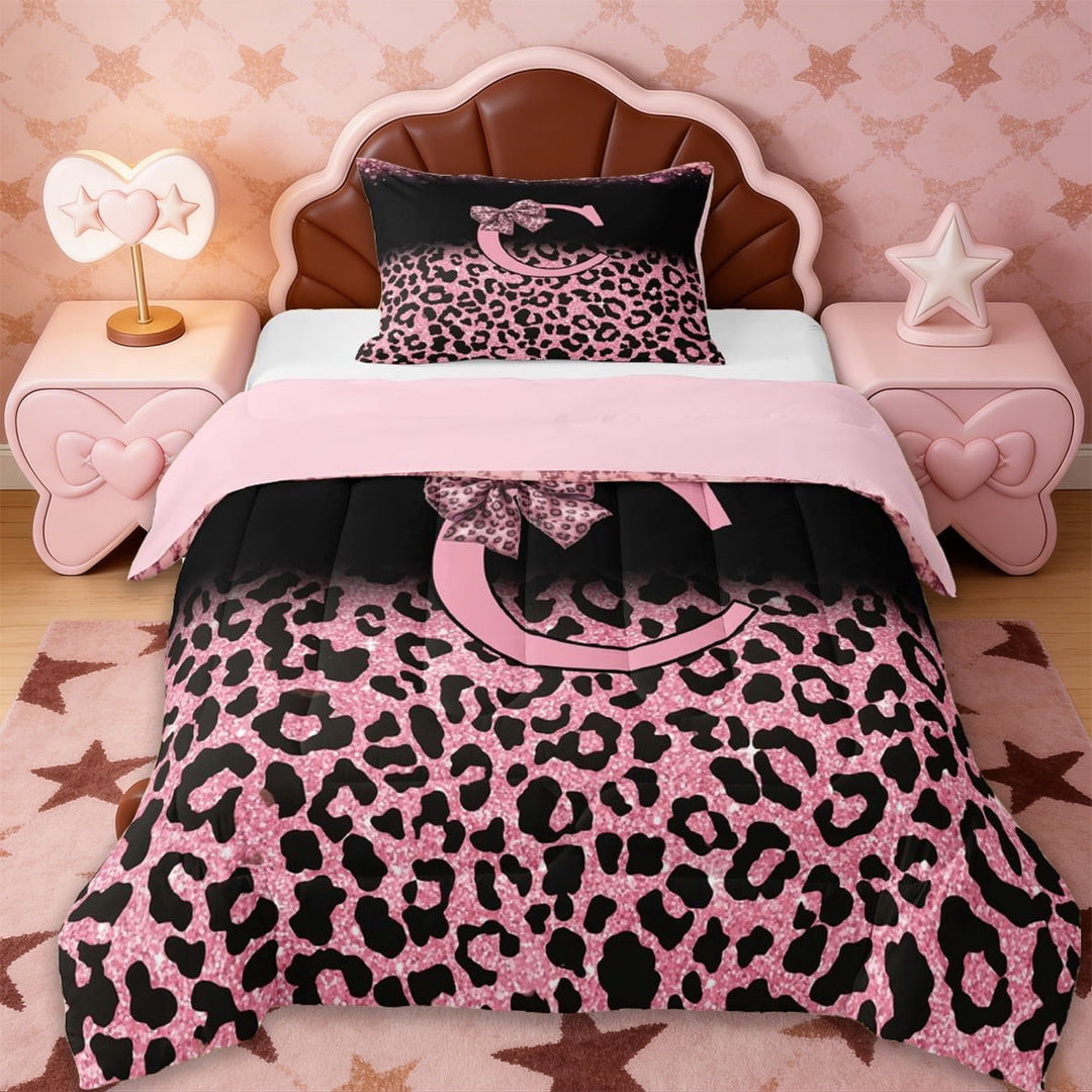 Erosebridal Fashion Leopard Printed Twin Comforter Sets,Pink Cheetah Pattern C Alphabet Bedding Set For Kids Girls,Reversible pink,2-Piece