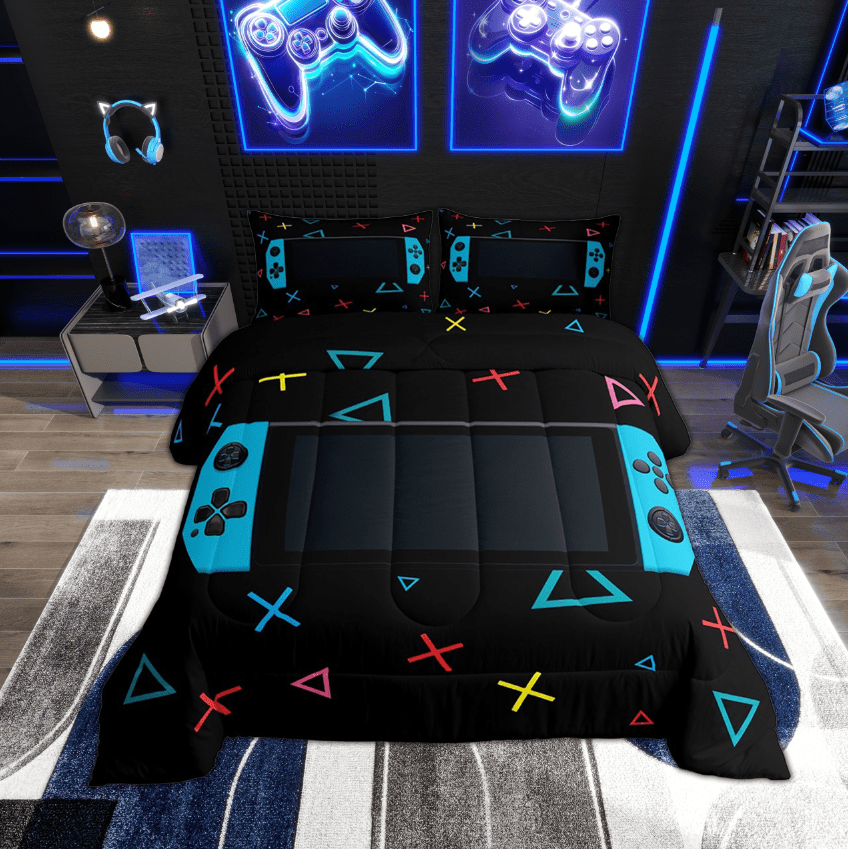 Gamer Comforter Set Bedroom Gaming Bedding Set Video Game Comforter Full Size Home Decor Curtain Geometric Triangle Circle Quilted Duvet Set with 2 Pillow Sham Colorful