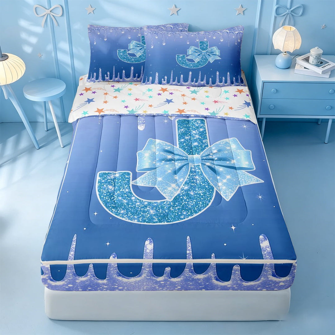 meiyoeat Glitter Print Cream Monogram J Zipper Full Size Comforter Sets with Fitted Sheet and 2 Pillowcases,Coquette Bow Initial Art Zipper Bedding Set For Girl,Colorful Stars Reversible,4 Pieces