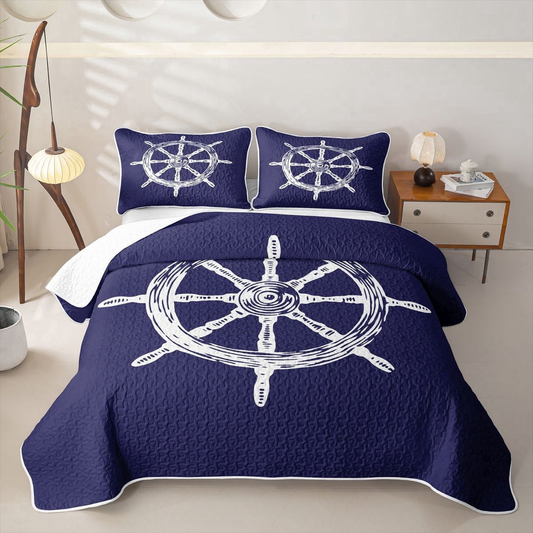 Erosebridal Nautical Ship Wheel Quilt King for Boys Men, Silhouette Print King Coverlet Set, 3-Piece