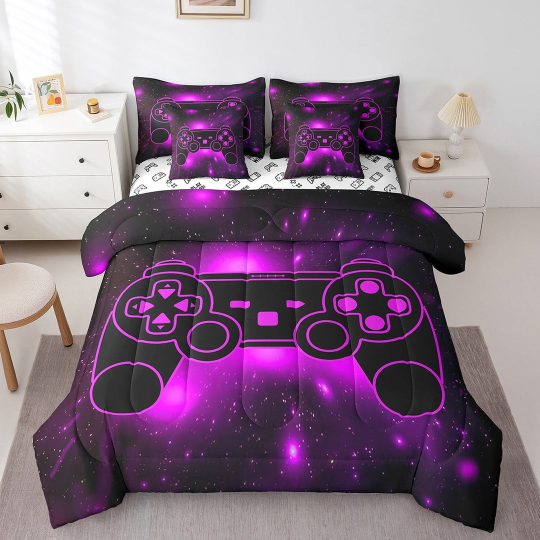 Gaming 7 Piece Full Bed Set - Includes Modern Gamer Console Comforter Gamepad Video Games Sheet Set Teens, Console Action Buttons Bedding - Purple Bedding Comforter Sets