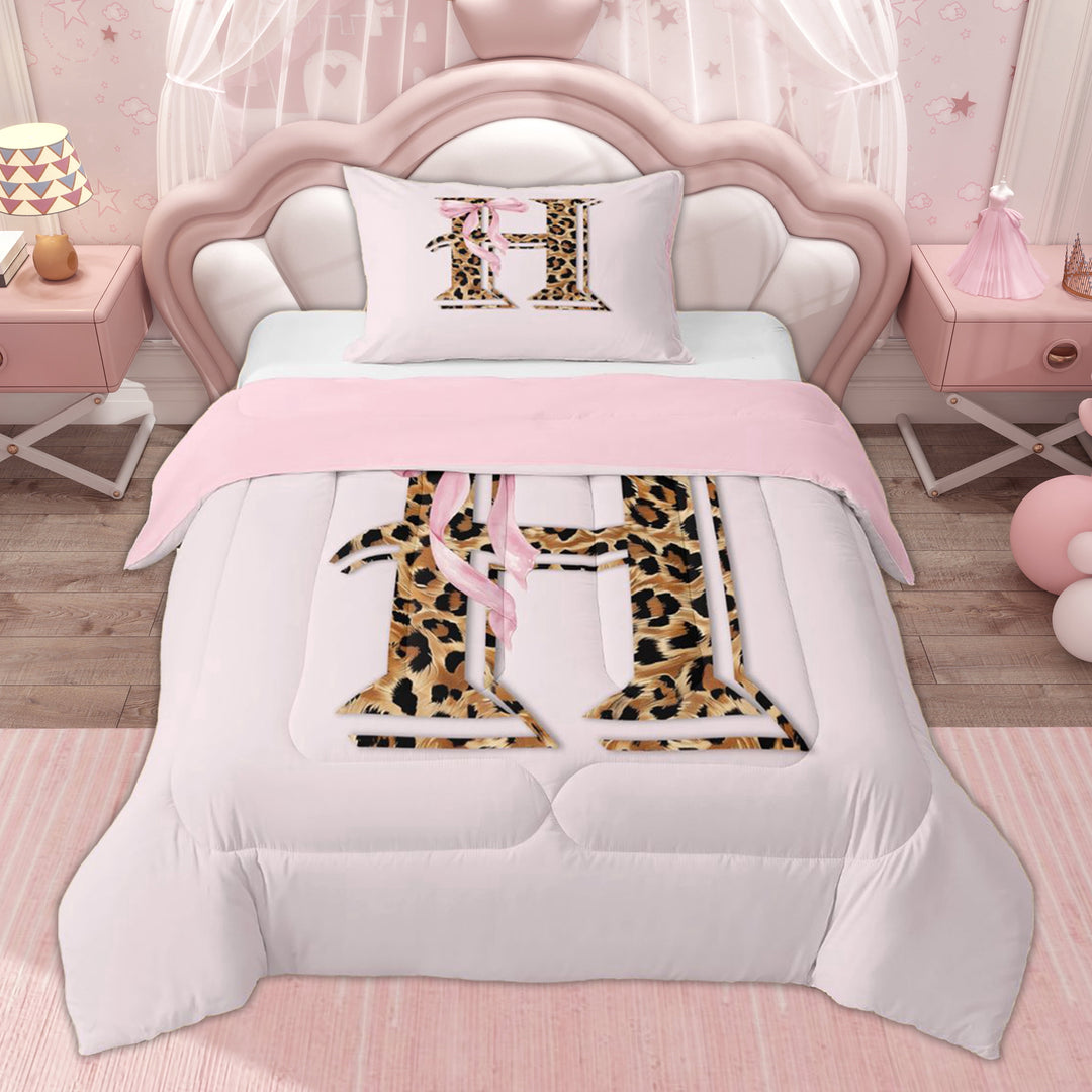 Erosebridal Kid Bowknot H Letter Twin Comforter Sets, Cheetah Animal Print Bedding Set, Pink Reversible, 2pcs