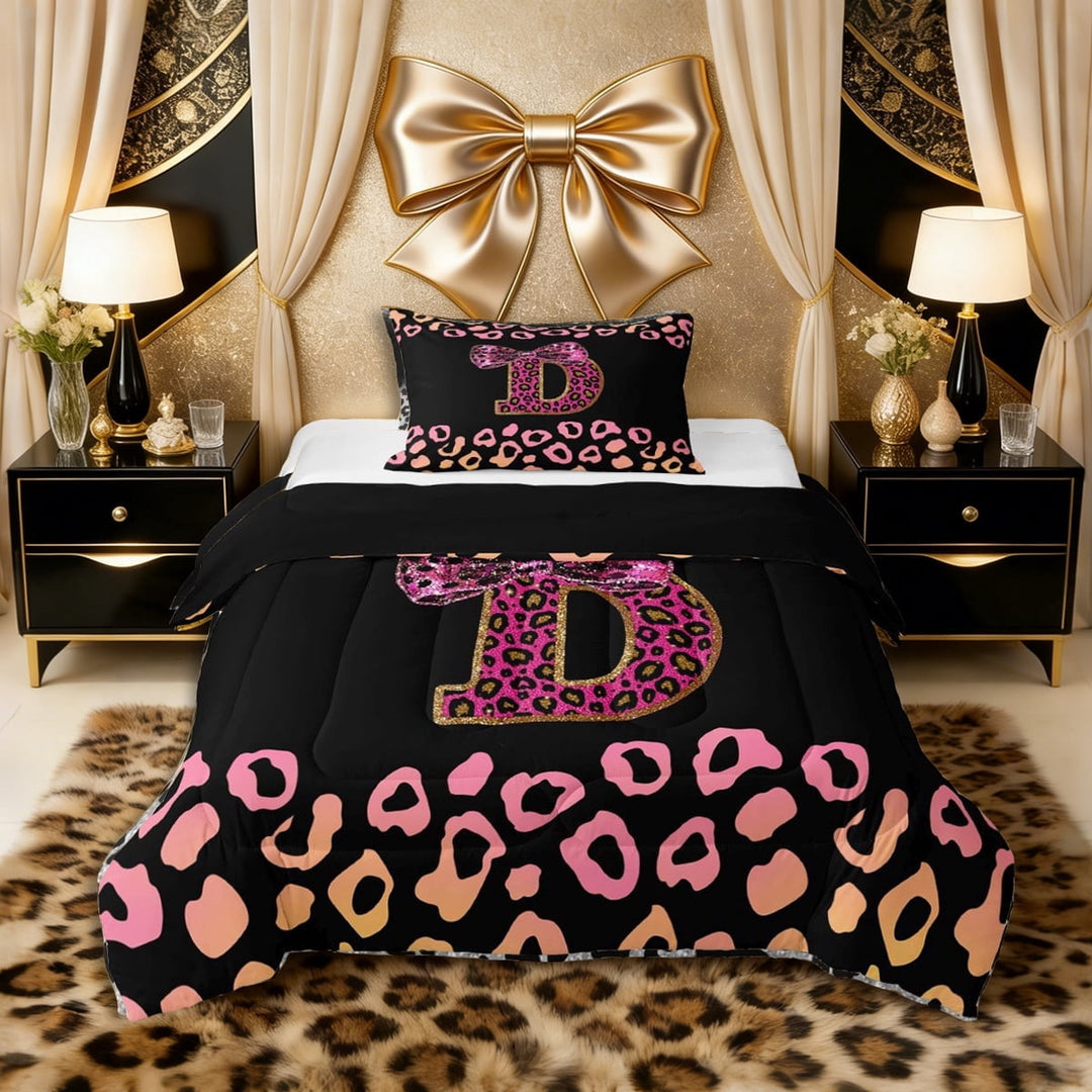 Erosebridal Bling Glitter Print Bow Letter D Monogrammed Twin Comforter Sets 3-Piece for Teens Girls,Vintage Gradient Leopard Print Bedding Set,Black Reversible,Ultra Soft Home Decor