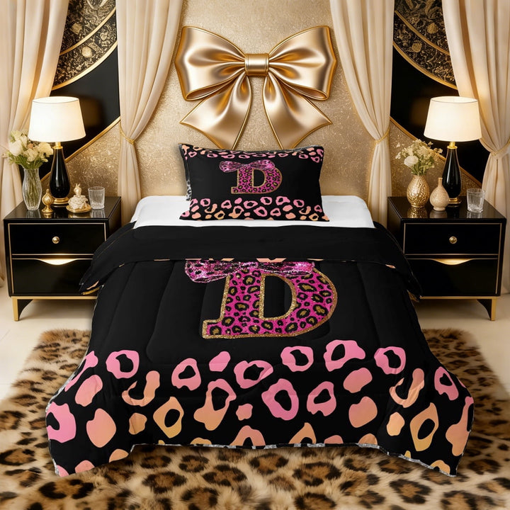 Erosebridal Bling Glitter Print Bow Letter D Monogrammed Twin Comforter Sets 3-Piece for Teens Girls,Vintage Gradient Leopard Print Bedding Set,Black Reversible,Ultra Soft Home Decor