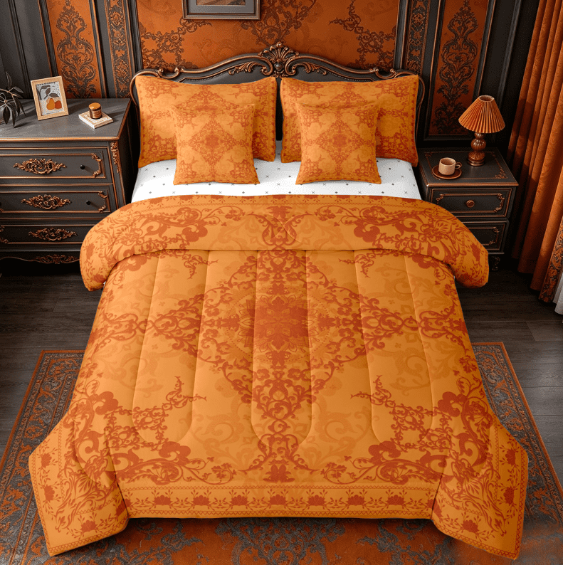 Erosebridal Orange Damask Floral 7pcs Bedding Comforter Set,Retro Boho Flower Queen Bedding Sets For Adults,Reversible