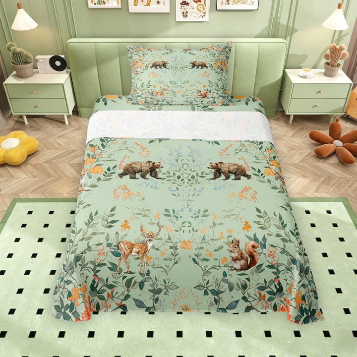 Erosebridal Tropical Flower Twin Sheet Sets, Jungle Animal Bear Deer Bedding, Green, 3 Pieces, 1 Flat Sheet 1 Fitted Sheet and 1 Pillowcase