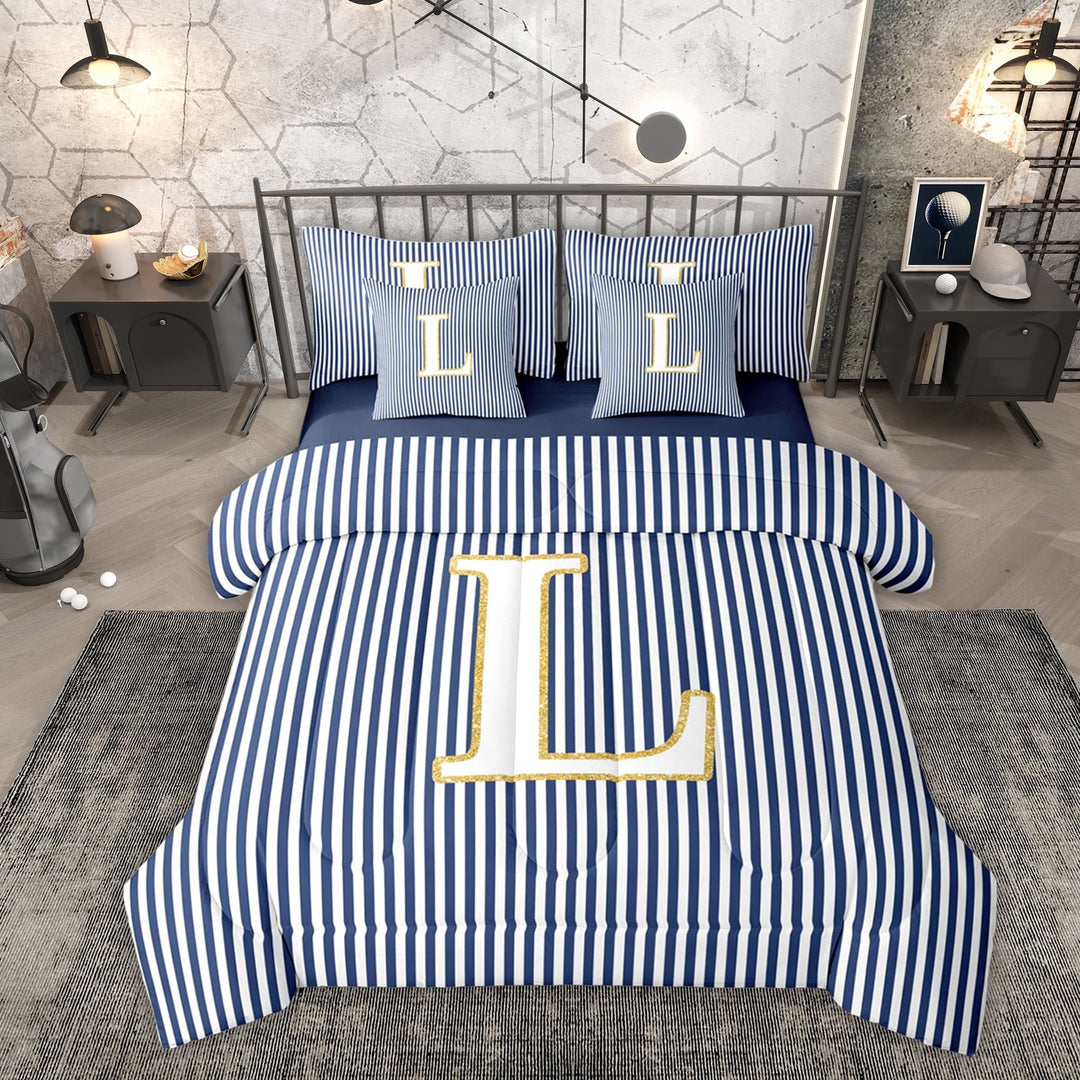 Erosebridal Kids Cartoon Monogrammed L Twin Bedding Sets 7-Piece, Navy Stripes Ombre Bedding Comforter Set