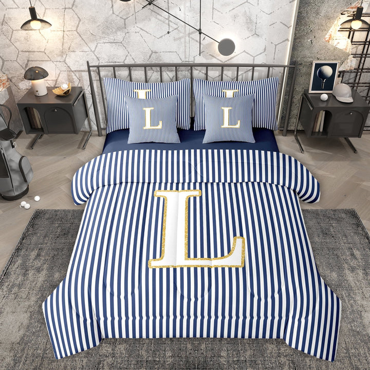 Erosebridal Kids Cartoon Monogrammed L Twin Bedding Sets 7-Piece, Navy Stripes Ombre Bedding Comforter Set