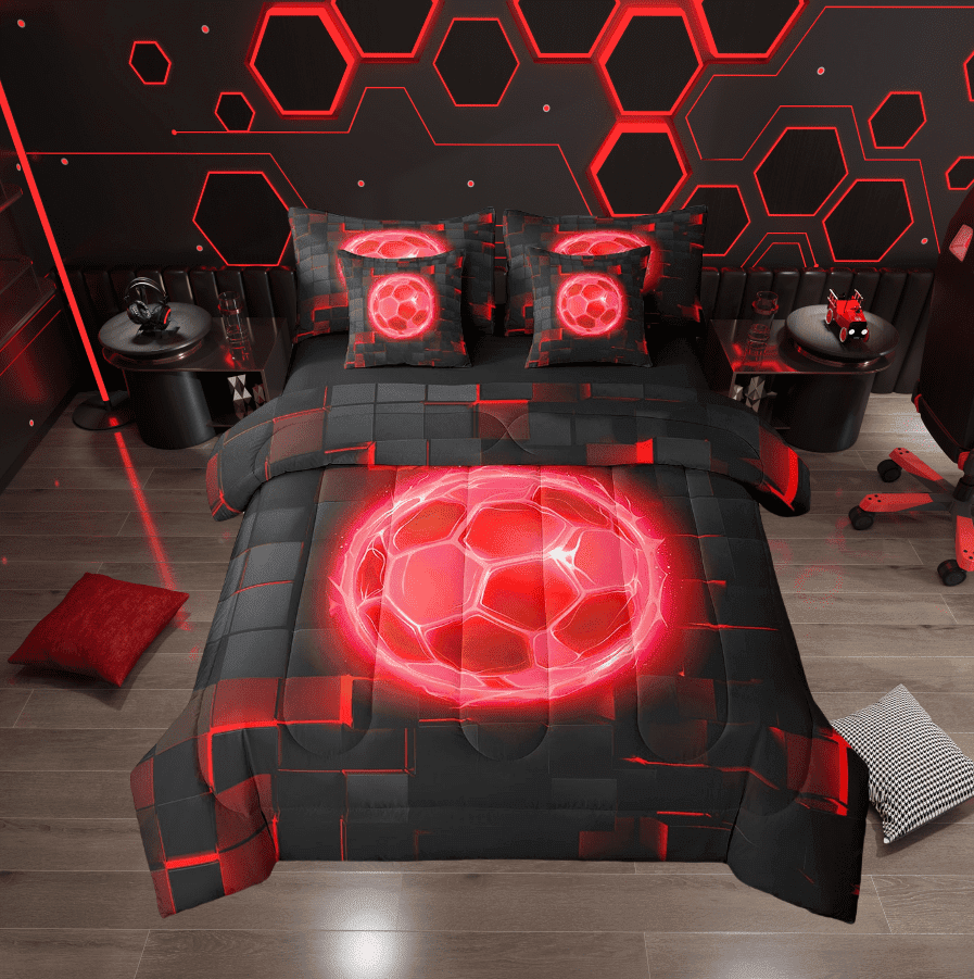 Hippie Football Twin Comforter Set with Sheets - 7 Pieces Neon Soccer Twin Size Bedding Sets,Sports Lover Bed in a Bag with 3D Check Plaid Comforter, Sheets, Pillowcase &amp; Shams