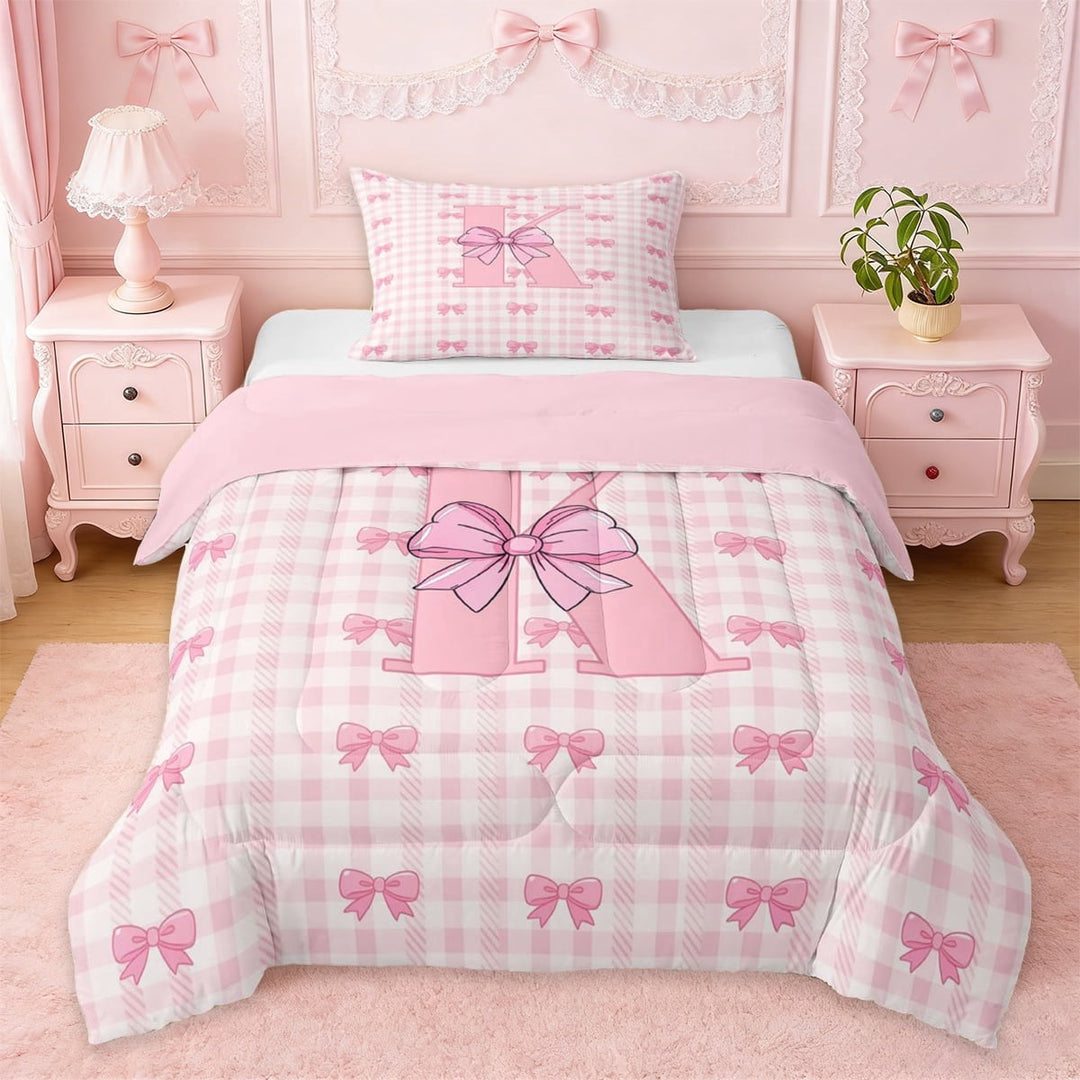 Erosebridal Girly Bowknot Twin Comforter Sets For Kids,Letter K Initial Kids Bedding Set,Pink Reversible,2-Piece