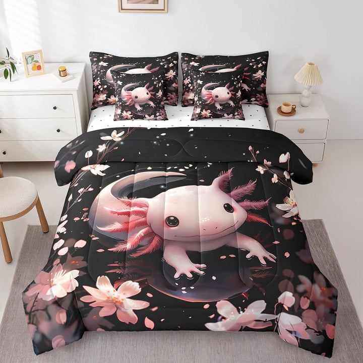Axolotl Comforter Sets Twin Size, 7-Piece Cute Axolotl Flower Animal Comforter Set Bed in a Bag(1 Comforter, 1 Flat Sheet 1 Fitted Sheet 2 Pillowcases and 2 Throw Pillow Covers)