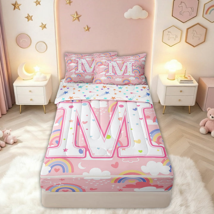 meiyoeat Rainbow Letter M Zipper Comforter Set with Fitted Sheet and 2 Pillowcases for Girls Kids, Cartoon Cloud Zipper Bedding Set for Bedroom, Pink, Colorful Star Reversible, 3pcs