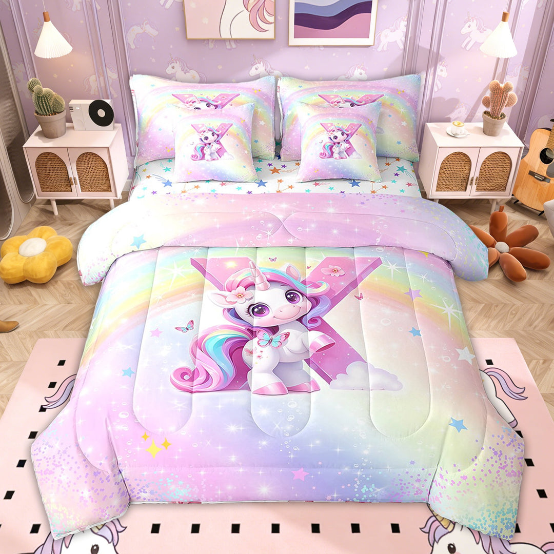 Erosebridal Rainbow Unicorn Bed in a Bag Twin size, Romantic Initial X Bed Set for Kids Girls, Colorful Stars Reversible, 7pcs