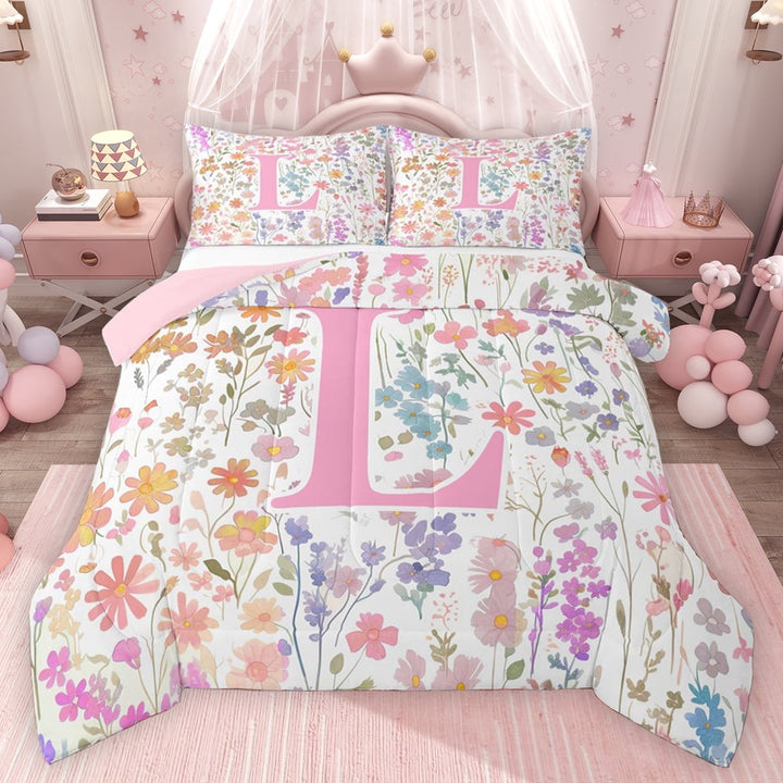 Erosebridal Girls Pink Flower Full Size Comforter Sets, Garden Floral Bedding Sets, Personalized Initial L, Pink Reversible, 1 Comforter and 2 Pillowcases