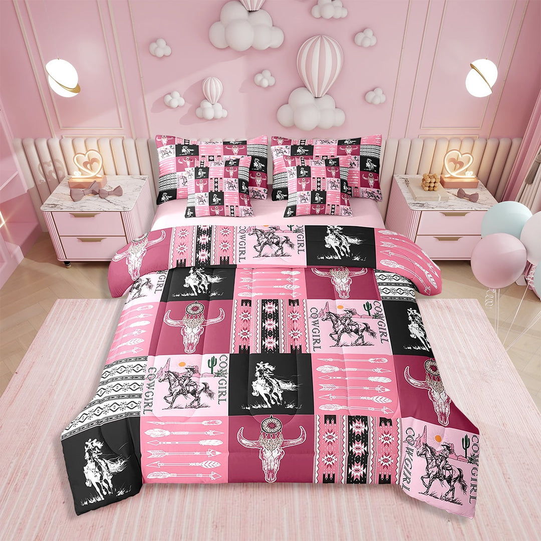Eosebridal Western Cowboy Comforter Set 7 Pieces Twin Size West Cow Skull Arrow Bedding Set Exotic Plaid Geometric Pink Bed in a Bag,Comforter + Sheets + Pillowcases + Cushion Covers