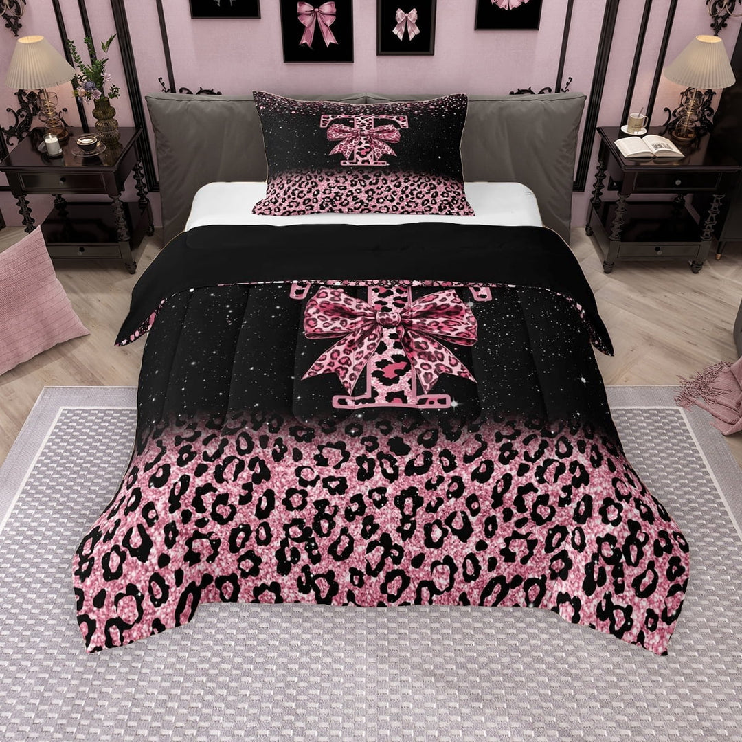 Erosebridal Cute Pink Leopard Print Twin Comforter Sets for Girls, Bowknot Letter T Bedding Set, Black Reversible 2-Piece, 1 Comforter and 1 Pillowcase