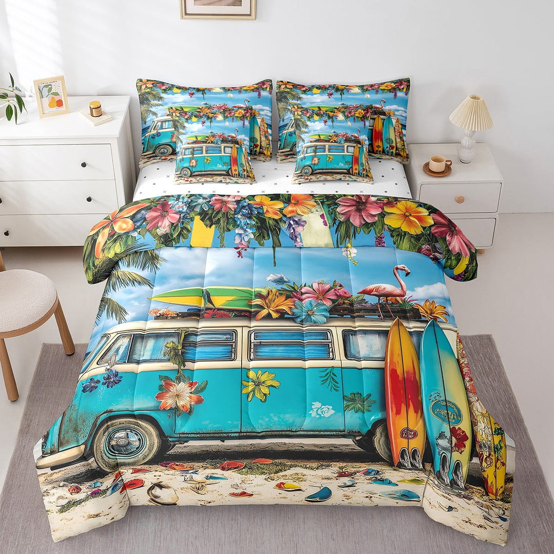 Erosebridal Campsite Camp Car Bedding Sets Twin Size,Camping Theme Comforter Sets with Sheets,Colorful Floral Surfboard Bed in a Bag Twin Size,Super Cozy Room Decoration Reversible,7-Piece