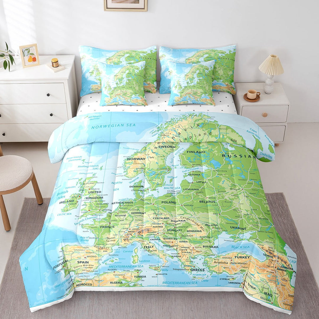 YST World Map 7 Pieces Bed In A Bag, Blue Ocean Comforter, Map Of Various Countries Fitted Sheet Queen For Kids Teens Adult, 1 Abstract Art Flat Sheet, 2 Pillow Cases, 2 Throw Pillow Covers
