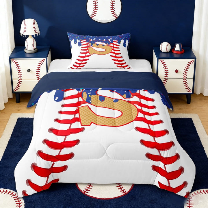 Erosebridal Kids Ice Cream Drip Twin Comforter Sets,Letter S Monogrammed Bedding Set For Baseball Boys,Reversible navy blue,2 Pieces