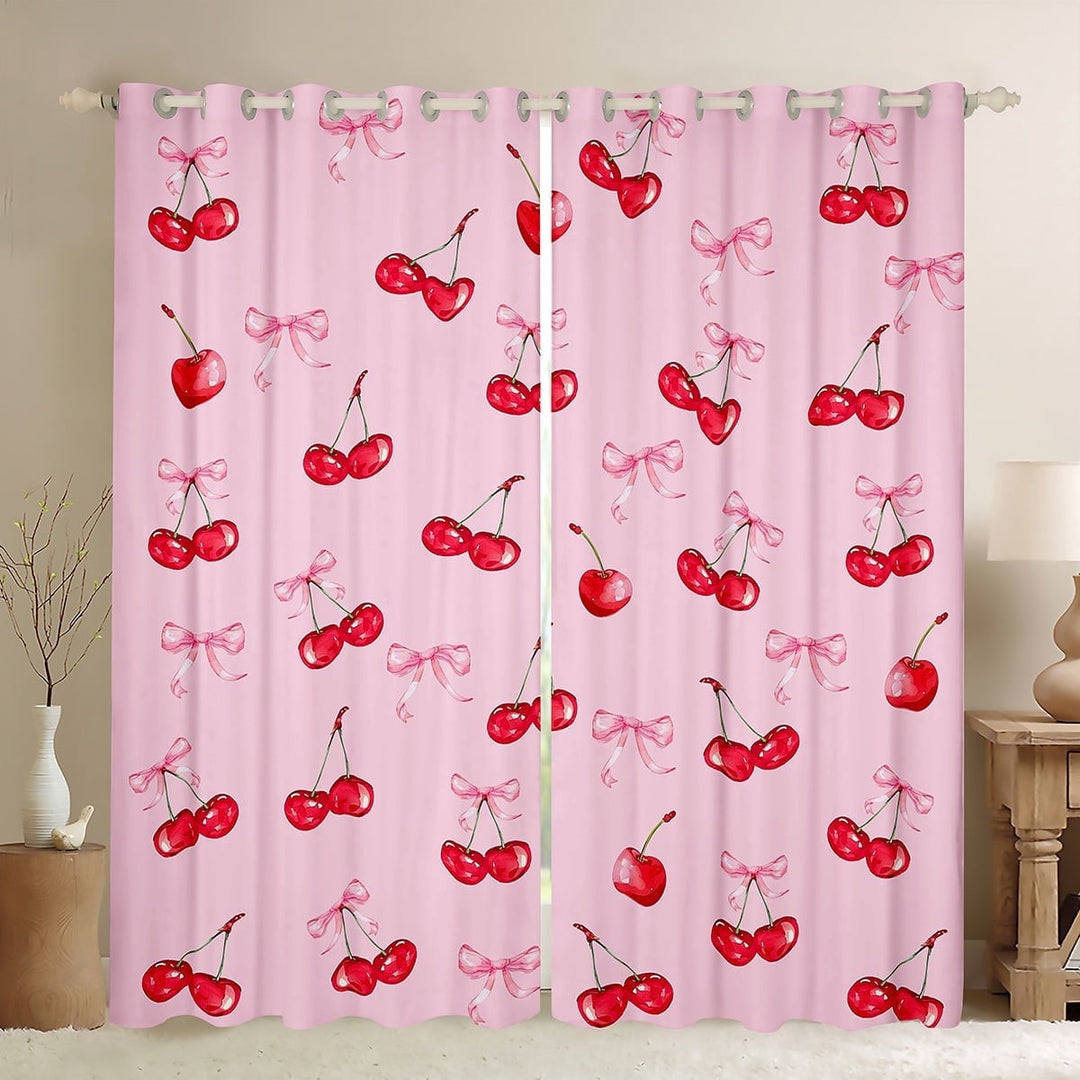 jejeloiu Cute Cherry Black Out Curtains,Kawaii Bowtie Bow Curtains Pack of 2 (42x63 Each),Red Pink Bowknot Bedroom Curtains For Girls,Luxury Bedroom Decor