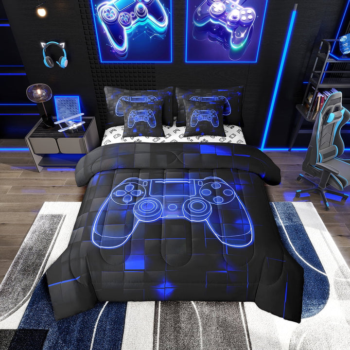 Teen Gamer Bedding Set Gaming Full Comforter Set With Sheets Video Game Bed In A Bag 7 Piece 3D Neon Geometric Grids Gamepad Bed Set (Reversible,Blue Black)