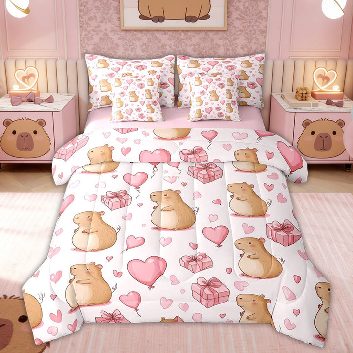 Erosebridal Kawaii Capybara kid Twin Bedding Sets, Love Heart Balloon Bedding Comforter Set, Pink, 7pcs