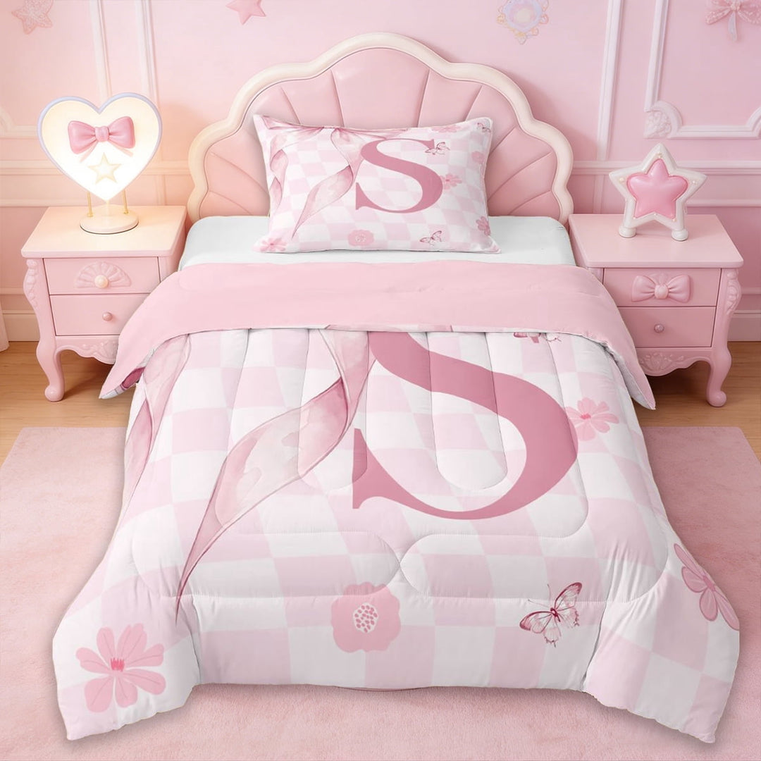 Erosebridal Girl Personalized Gifts Twin Comforter Sets,Alphabet S Bedding Set For Kids,Reversible pink,2 Pieces