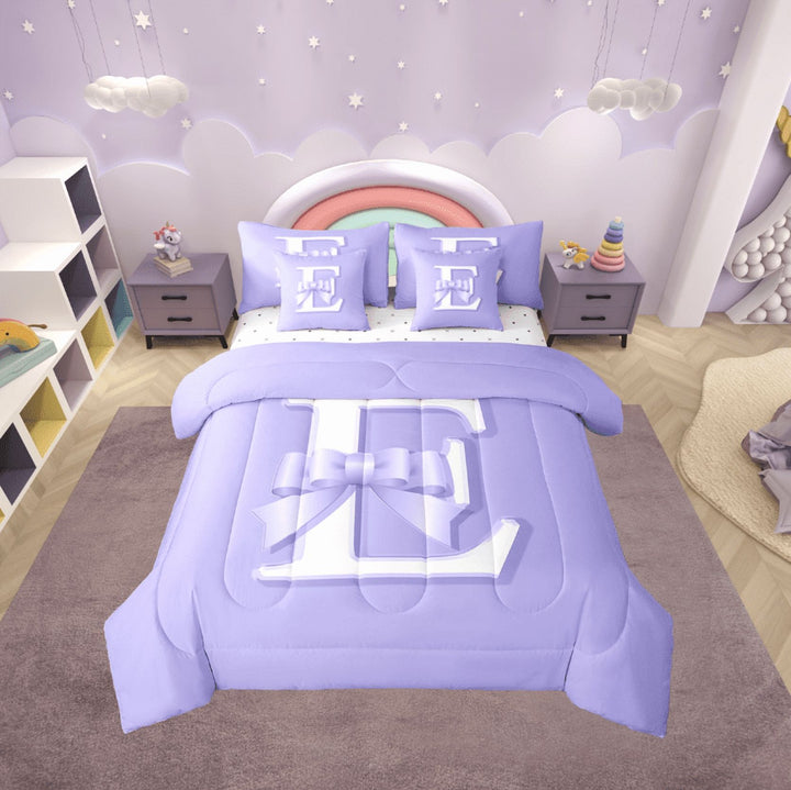 Erosebridal Kawaii Initial Letter Bed in a Bag Twin size, Monogrammed E Bed Set, Ribbon Cow Reversible Bedding Twin Size, Ultra Soft Bedroom Decoration, 7pcs