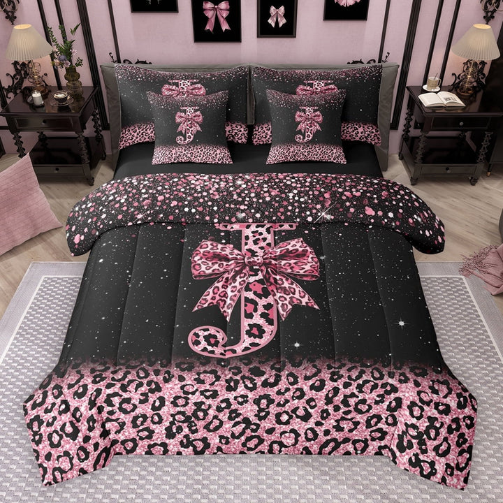 Erosebridal Cute Pink Leopard Print Twin Bedding Sets for Girls, Bowknot Letter J Bedding Comforter Set, Black Reversible 7-Piece