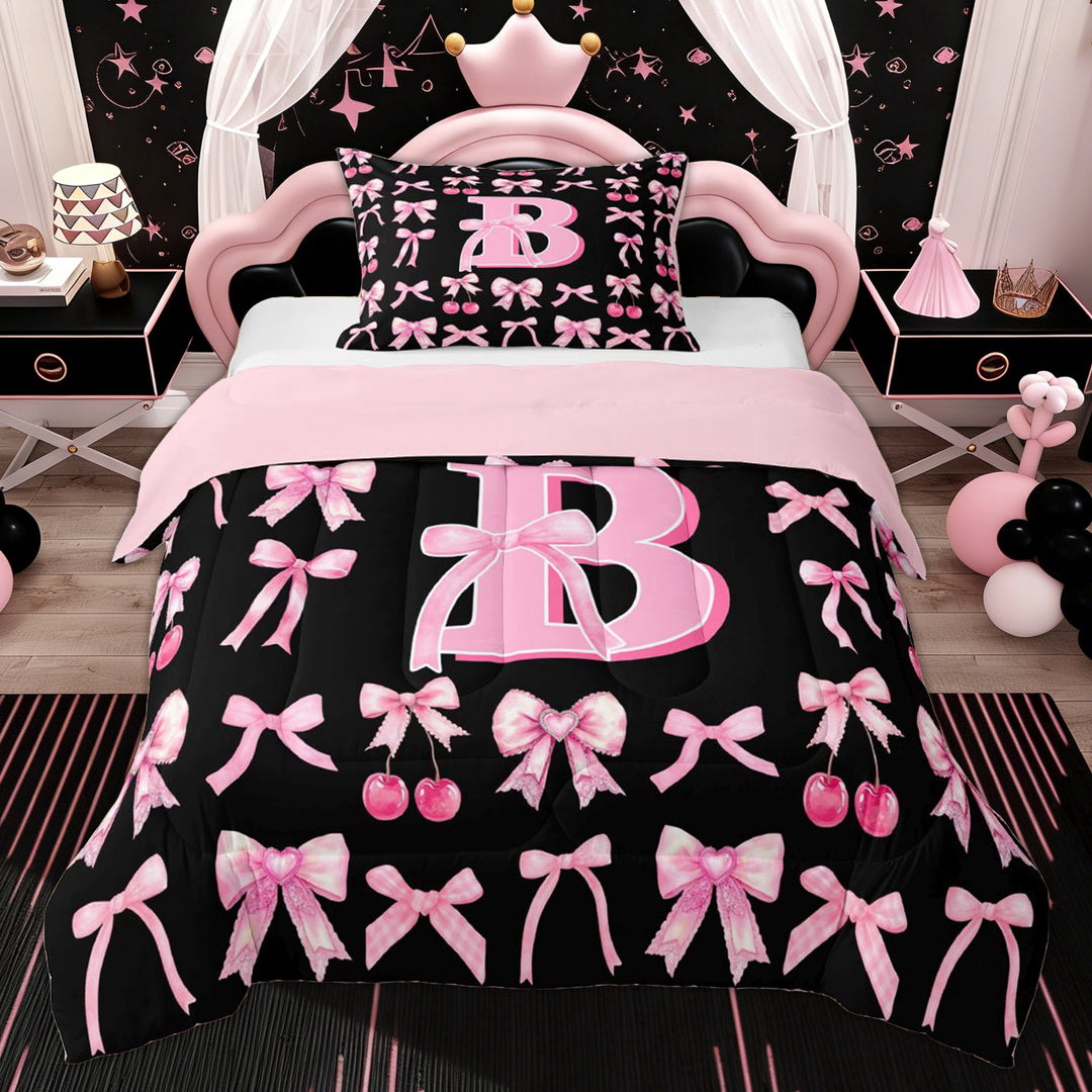 Erosebridal Initial B Twin Comforter Sets for Kids, Princess Bowknot Bedding Set, Pink Reversible, 2pcs