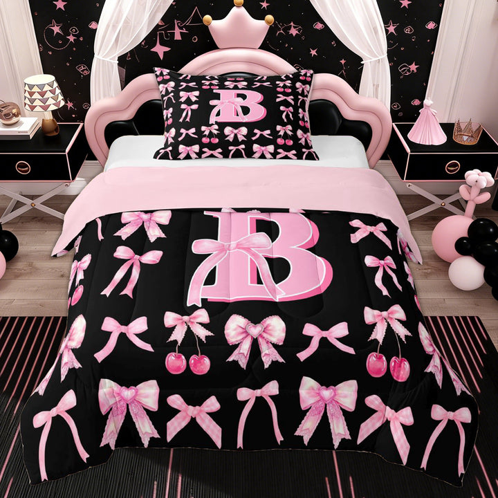 Erosebridal Initial B Twin Comforter Sets for Kids, Princess Bowknot Bedding Set, Pink Reversible, 2pcs