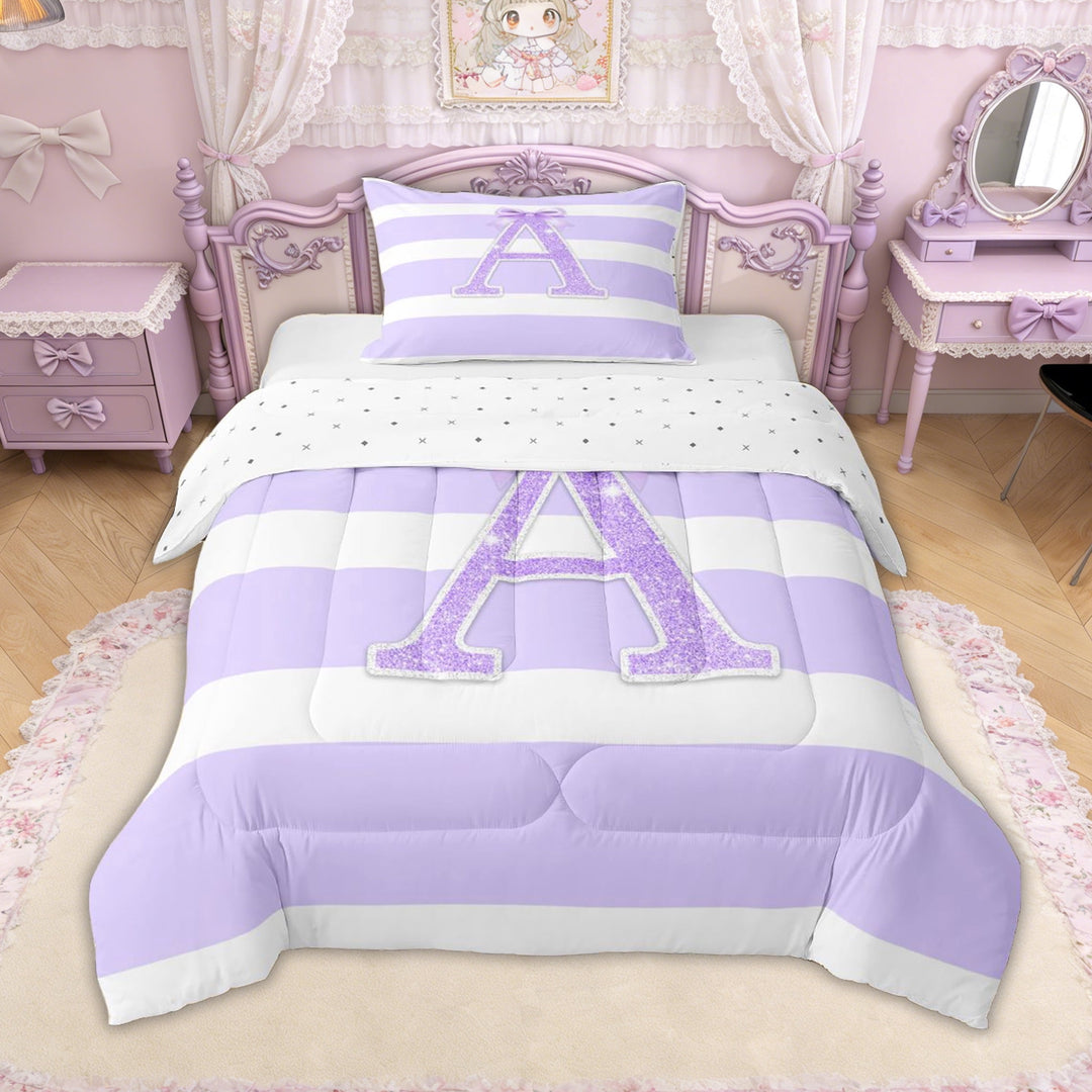 Erosebridal Glitter Print Bow Letter A Twin Comforter Sets for Girls, Purple Stripes Ribbon Bedding Set, Reversible, 2-Piece