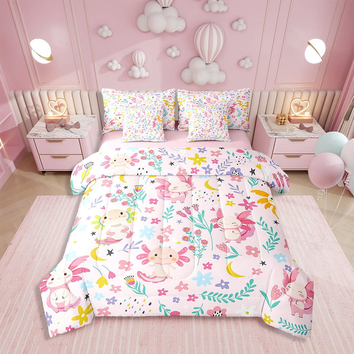 Erosebridal Cute Axolotl Bedding Sets Twin Size 7 Pieces, Botanical Flower Bed in a Bag, Reversible