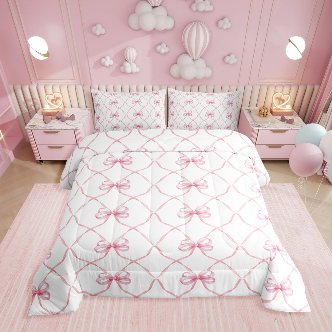 Pink Bowknot Comforter Set Twin Bow Knot Bedding Butterfly Knot Bow Tie Bedding Comforter Sets Aesthetic Coquette Bedroom Decor Geometric Cartoon Duvet Insert