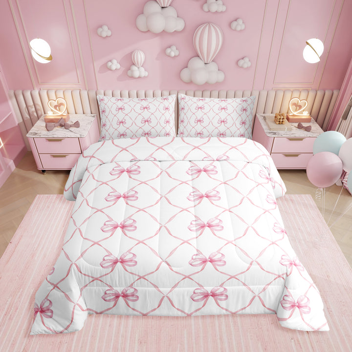 Pink Bowknot Comforter Set Twin Bow Knot Bedding Butterfly Knot Bow Tie Bedding Comforter Sets Aesthetic Coquette Bedroom Decor Geometric Cartoon Duvet Insert
