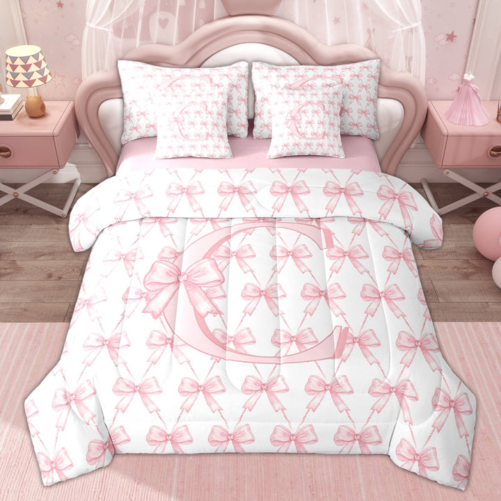 Erosebridal Cartoon C Letter Kids Twin Bedding Sets, Cute Pink Ribbon Bedding Comforter Set, 7pcs