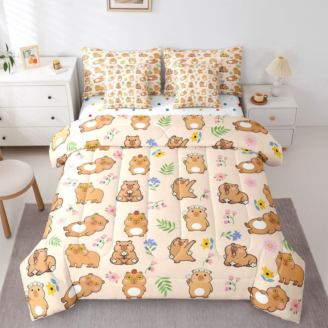 Erosebridal Kawaii Capybara Twin Bedding Sets 7-Piece For Children Boys Girls,Cute Colorful Flowers Animal Bedding Comforter Set For Kids,Microfiber Bedroom Decor